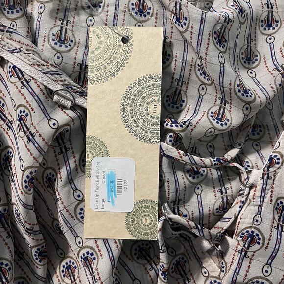 NWT Boutique Emory Park L/S Peasant Blouse Lace Up Neckline Taupe Navy Pattern L - Picture 10 of 11